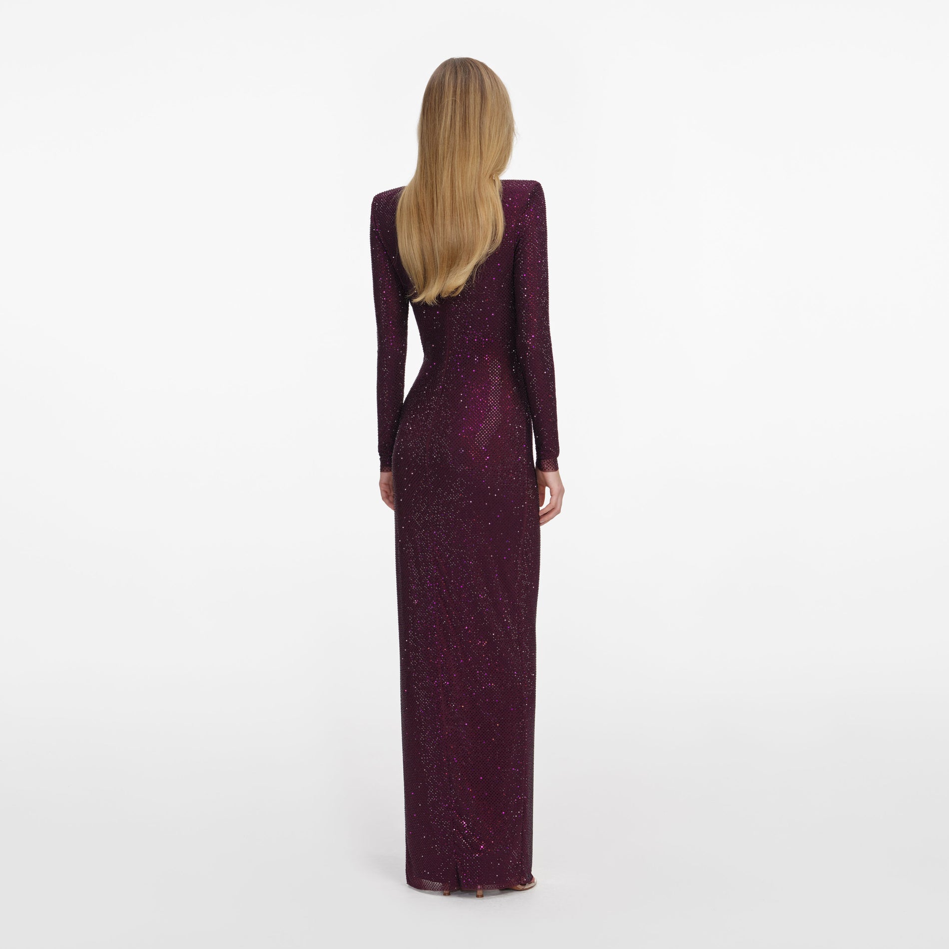 Back view of a woman wearing the Burgundy Rhinestone Embellished Maxi Dress