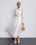 Cream And Gold Tie Neck Midi Dress