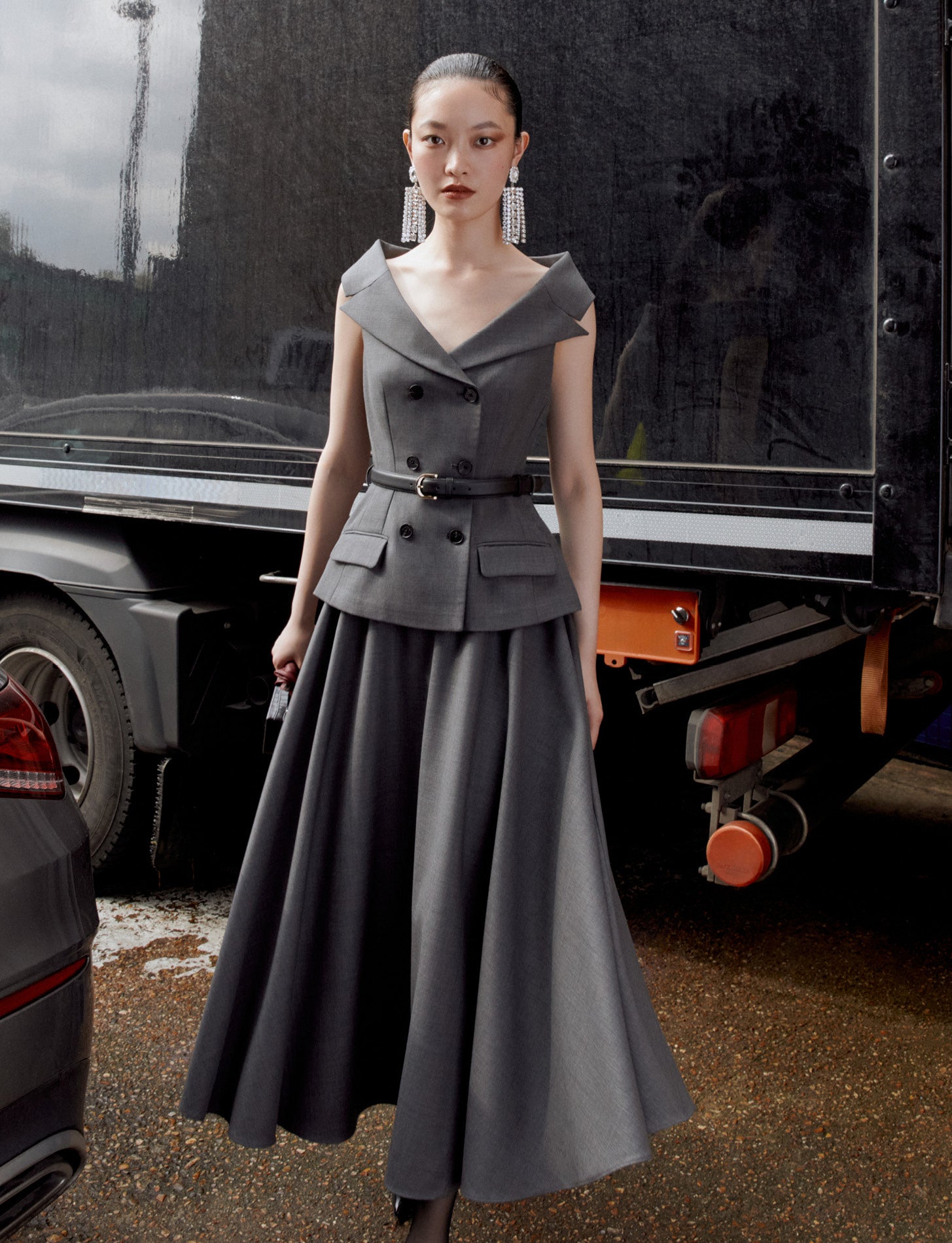 Grey Wool Tailored Midi Dress