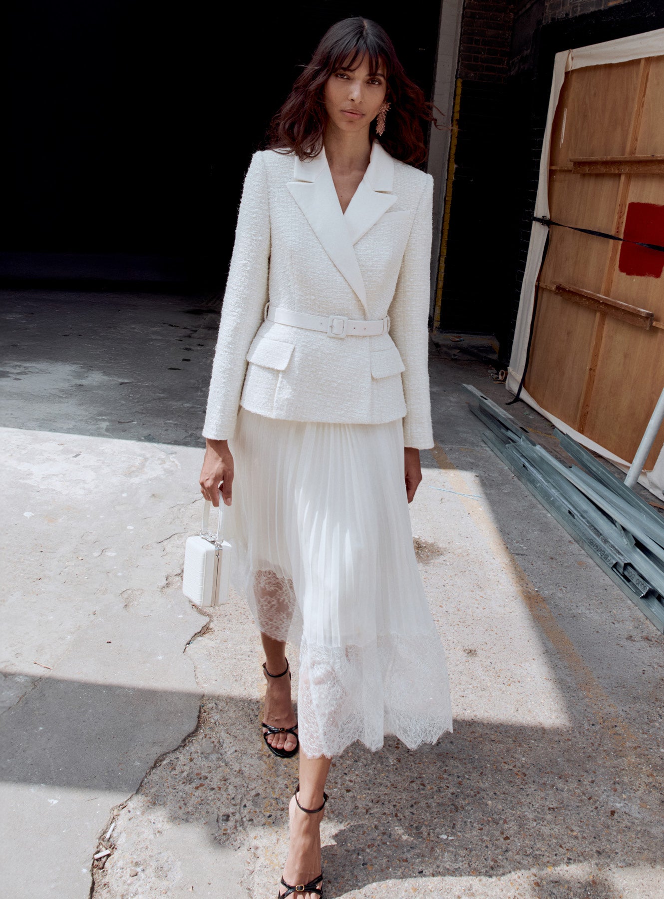 Cream Tailored Bouclé And Chiffon Midi Dress
