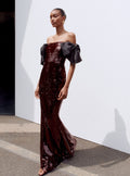 Brown Sequin Bow Maxi Dress