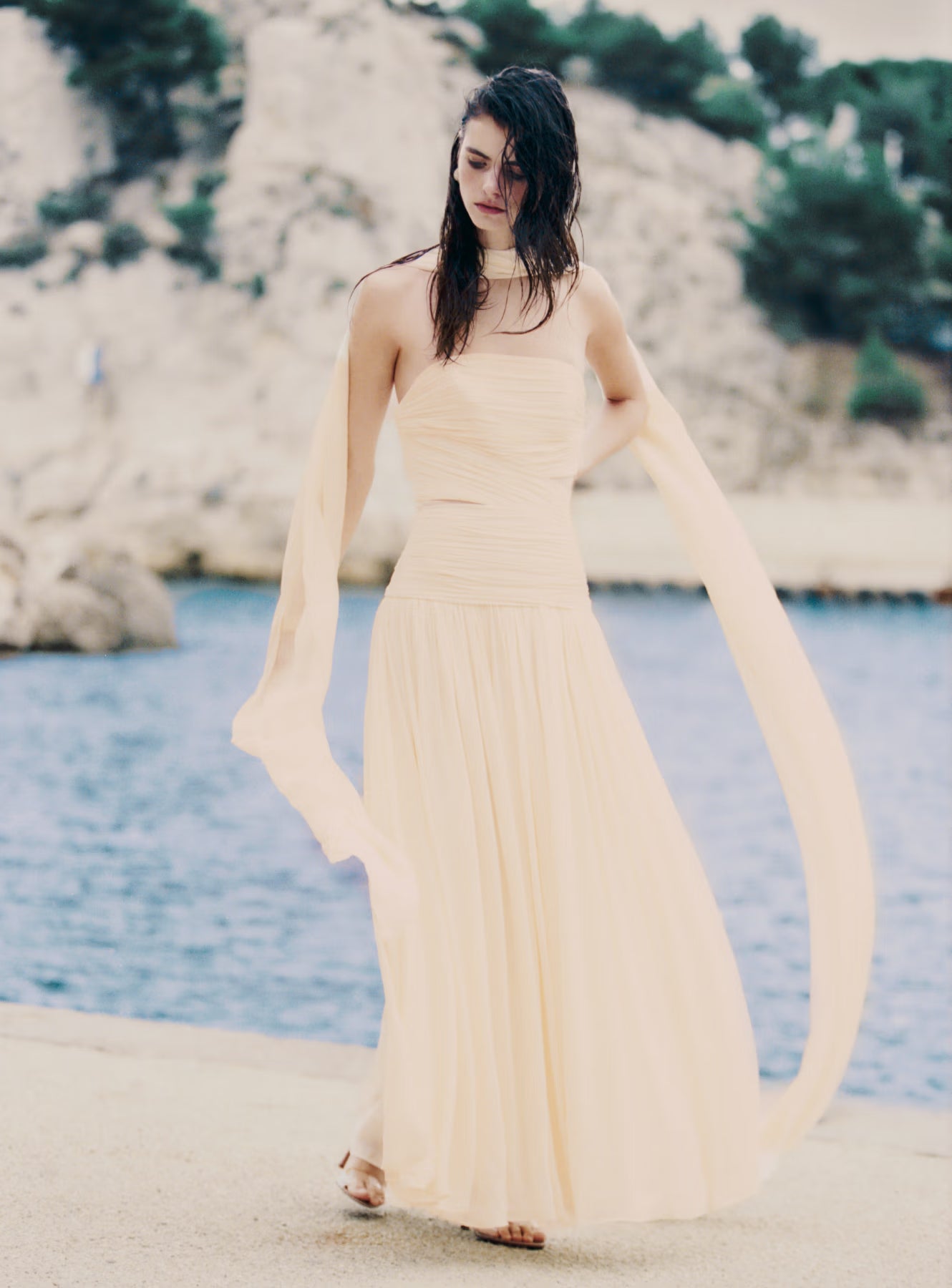 Yellow Georgette Scarf Midi Dress