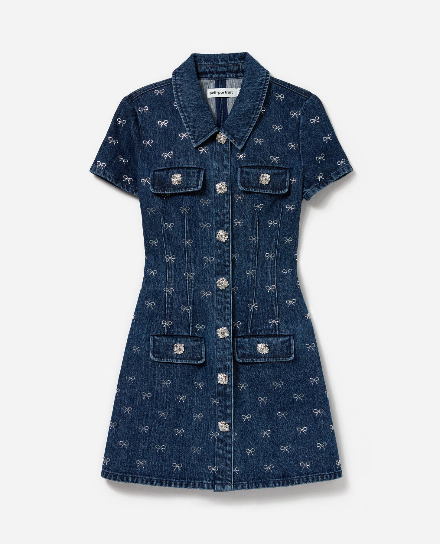 Denim Diamante Bow Collared Mini Dress