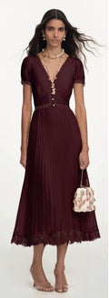 Burgundy Viscose Pleated Lace Midi Dress