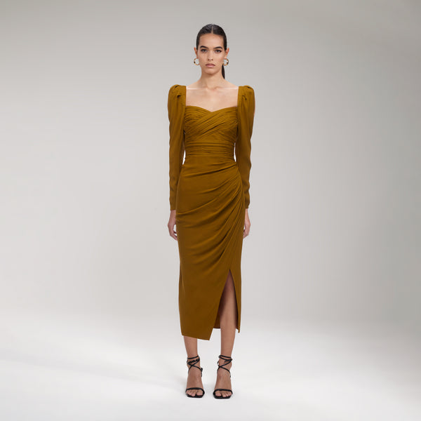 Khaki Iris Midi Dress – self-portrait