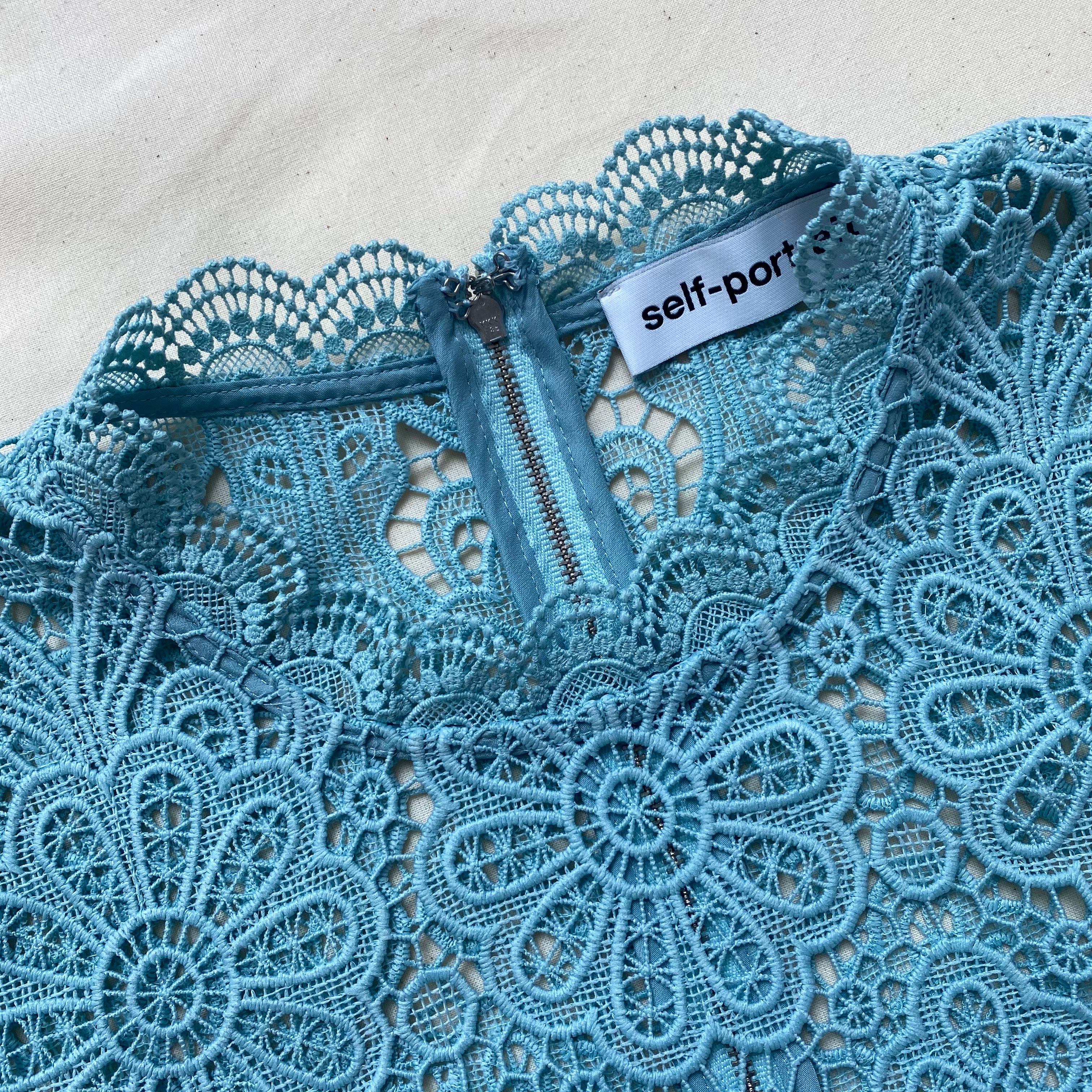 Light Blue Floral Guipure Angel Sleeve Blouse