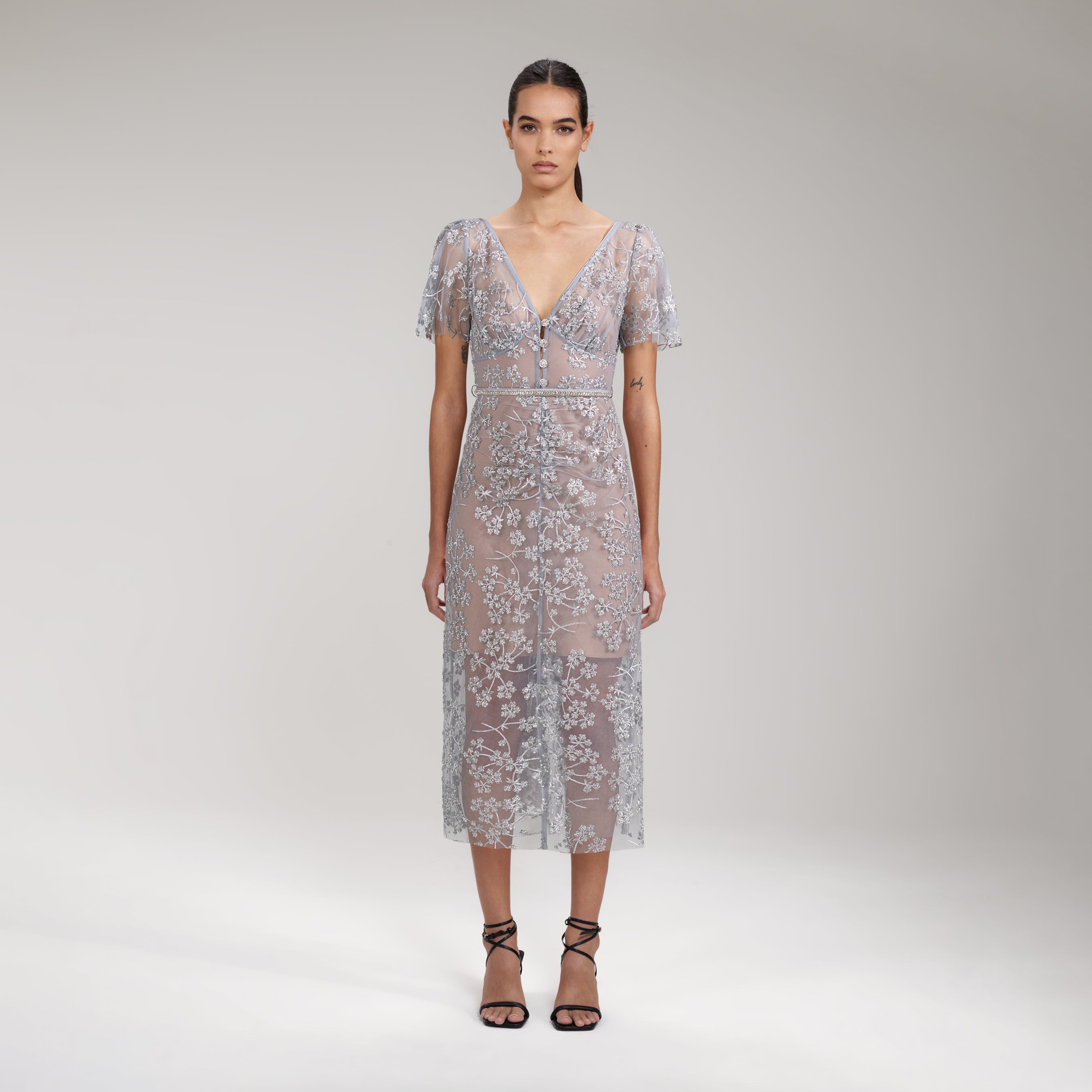 Embroidered Blossom Fitted Midi Dress