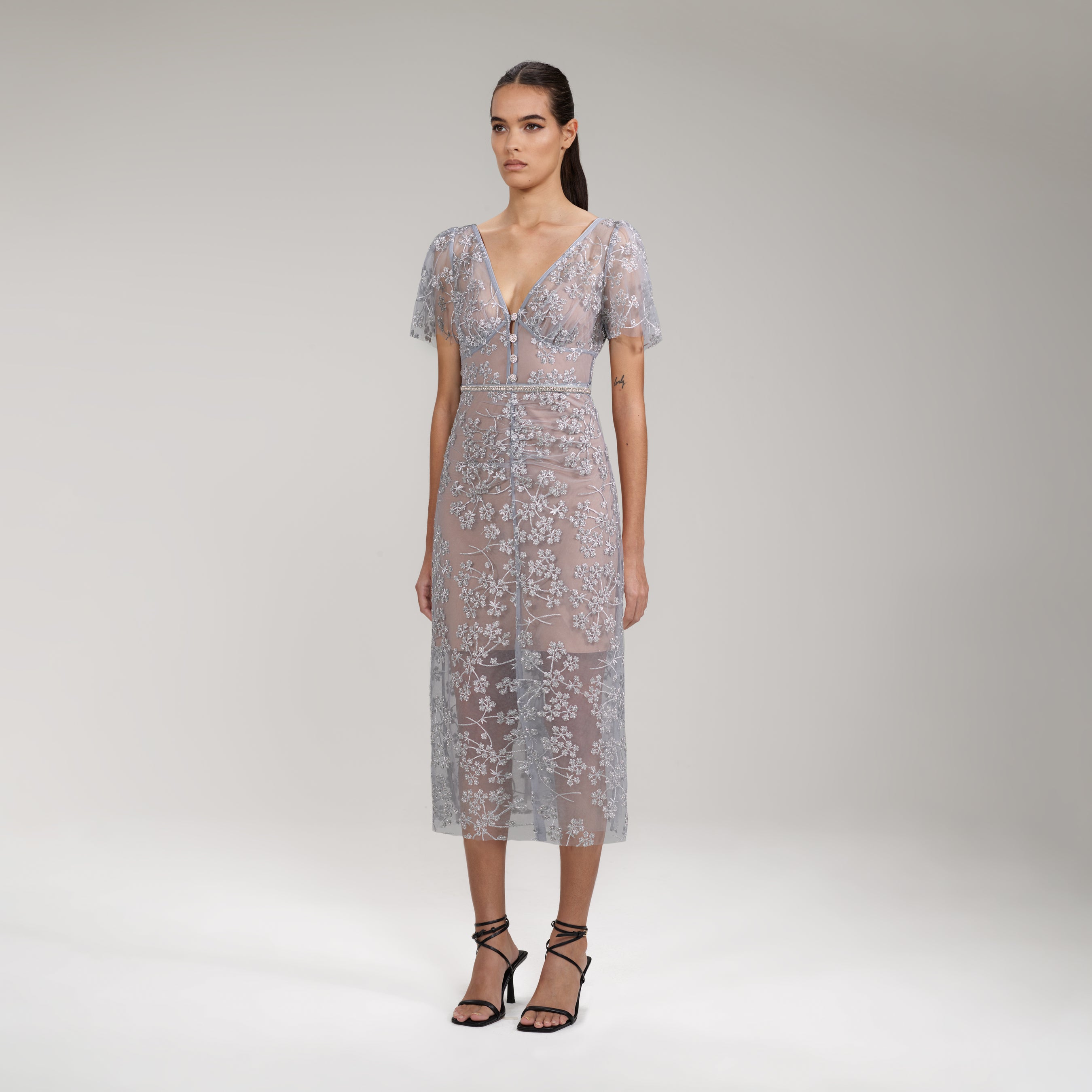 Embroidered Blossom Fitted Midi Dress