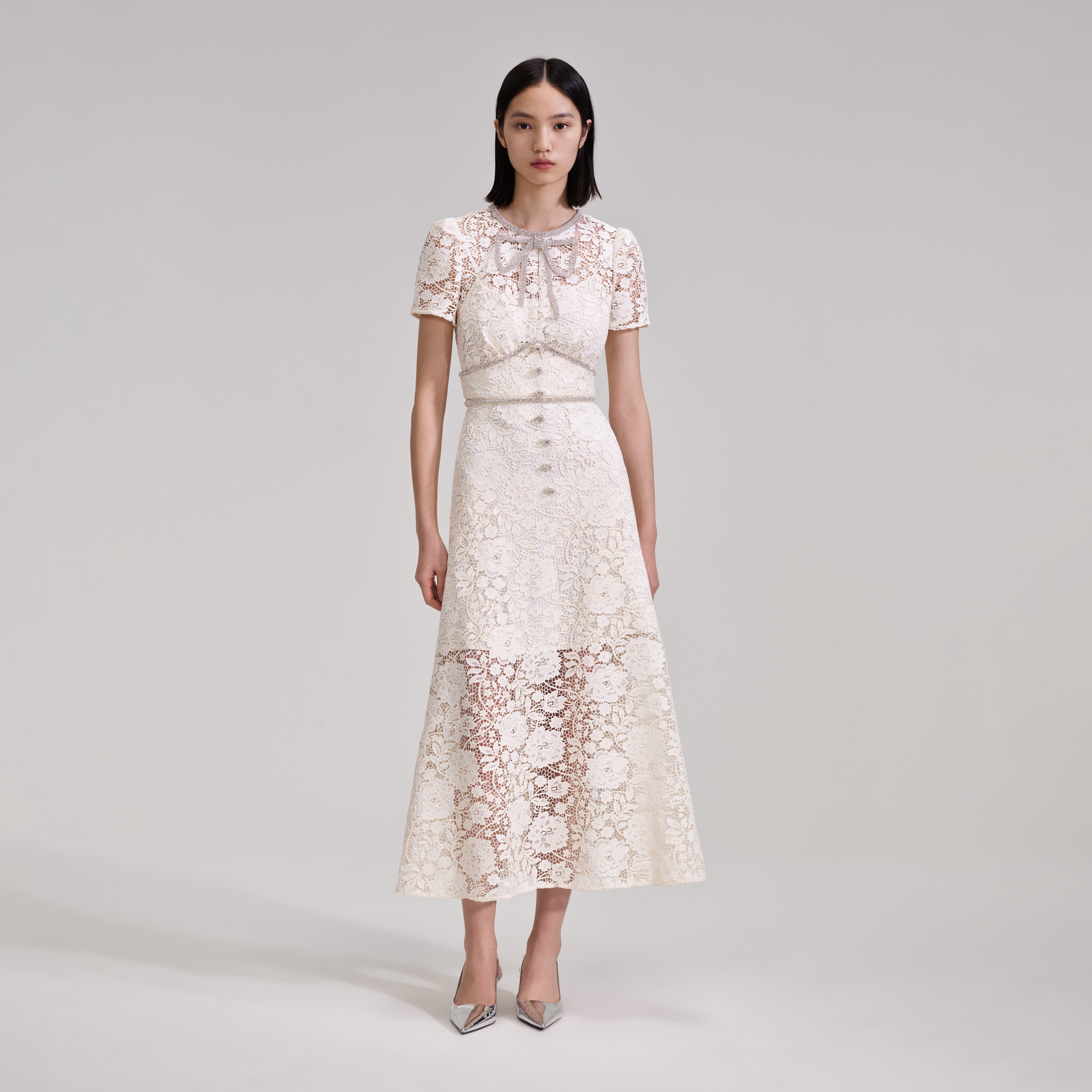 Cream lace midi dress with sleeves sale