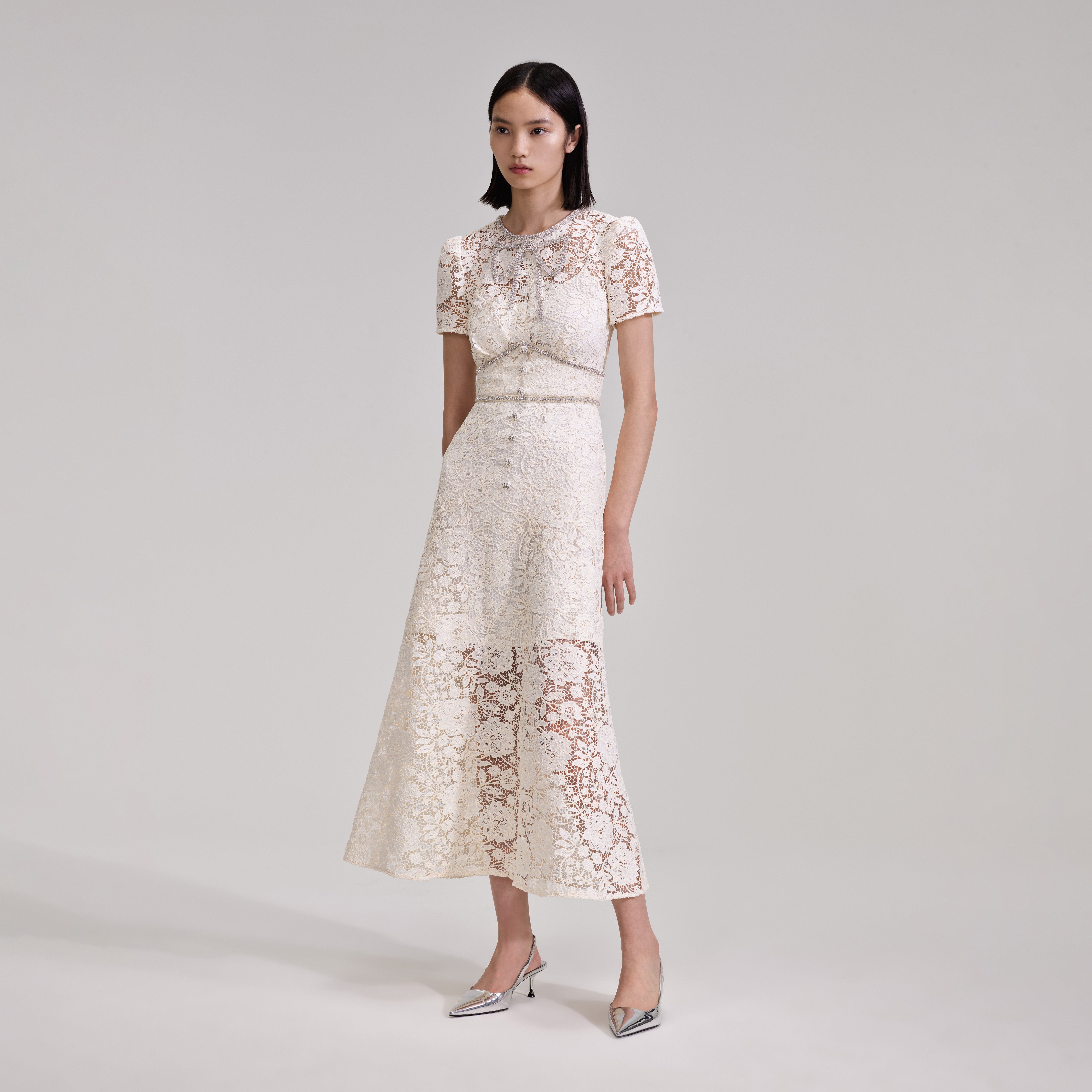 Cream lace midi outlet dress