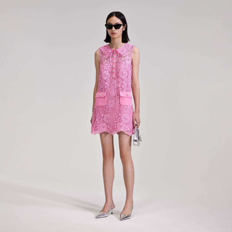 Pink Cord Lace Collar Mini Dress | self-portrait