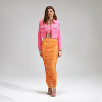 Orange Rhinestone Mesh Midi Skirt
