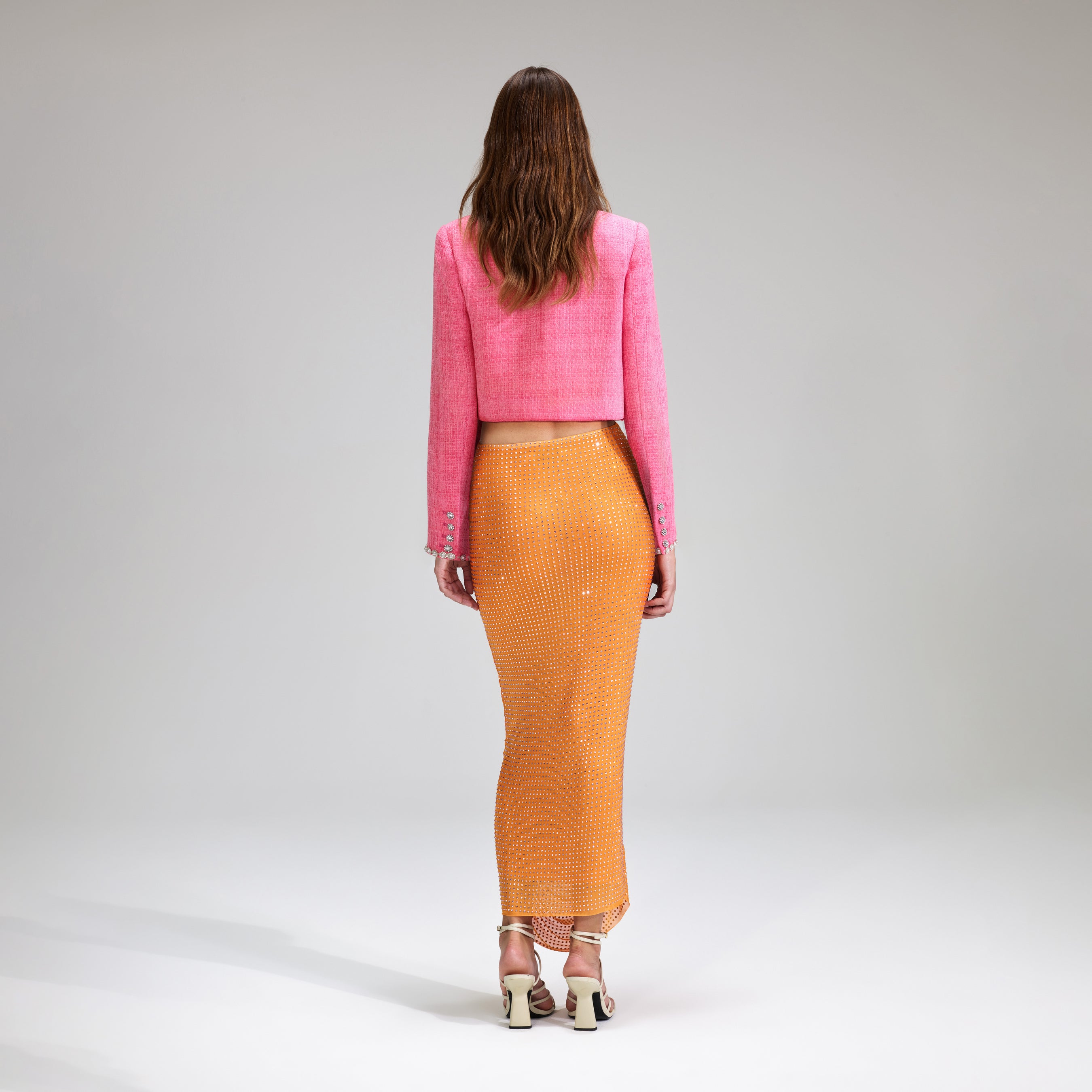 Orange Rhinestone Mesh Midi Skirt