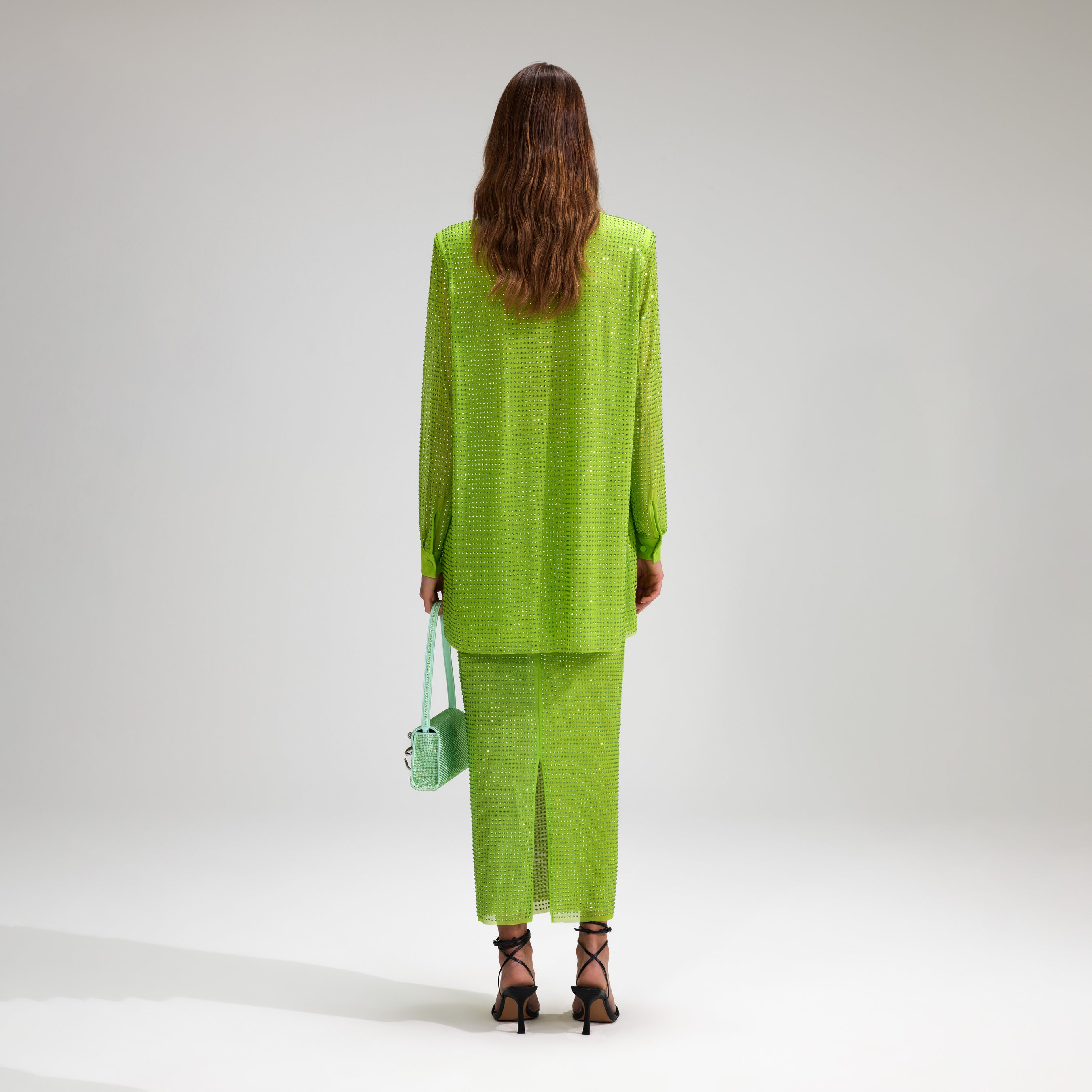 Green Rhinestone Mesh Midi Skirt