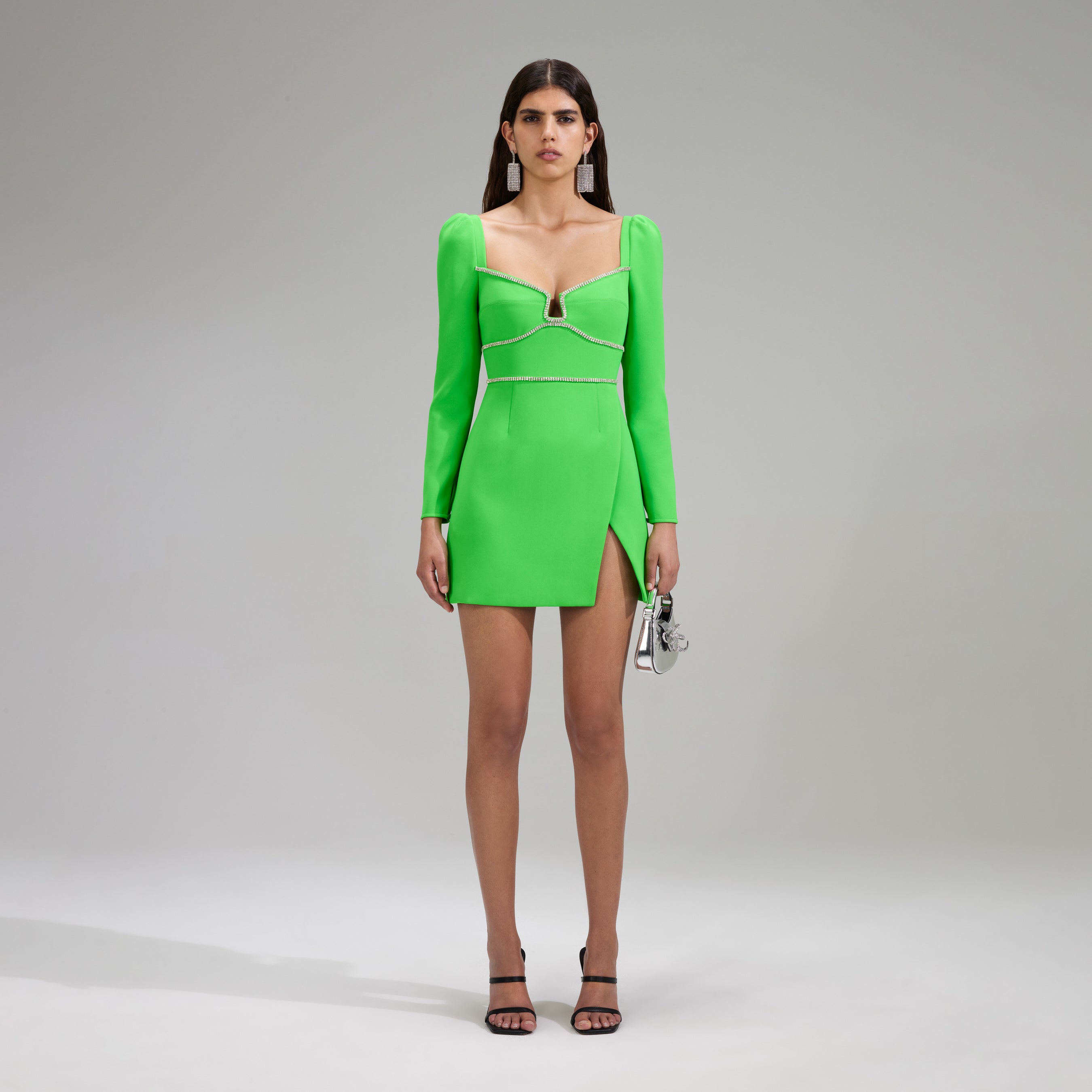 Green Crepe Rhinestone Detail Mini Dress