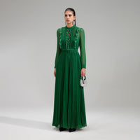 Green Pleated Rhinestone Detail Maxi Dress