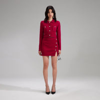 Red Melange Knit Button Mini Skirt