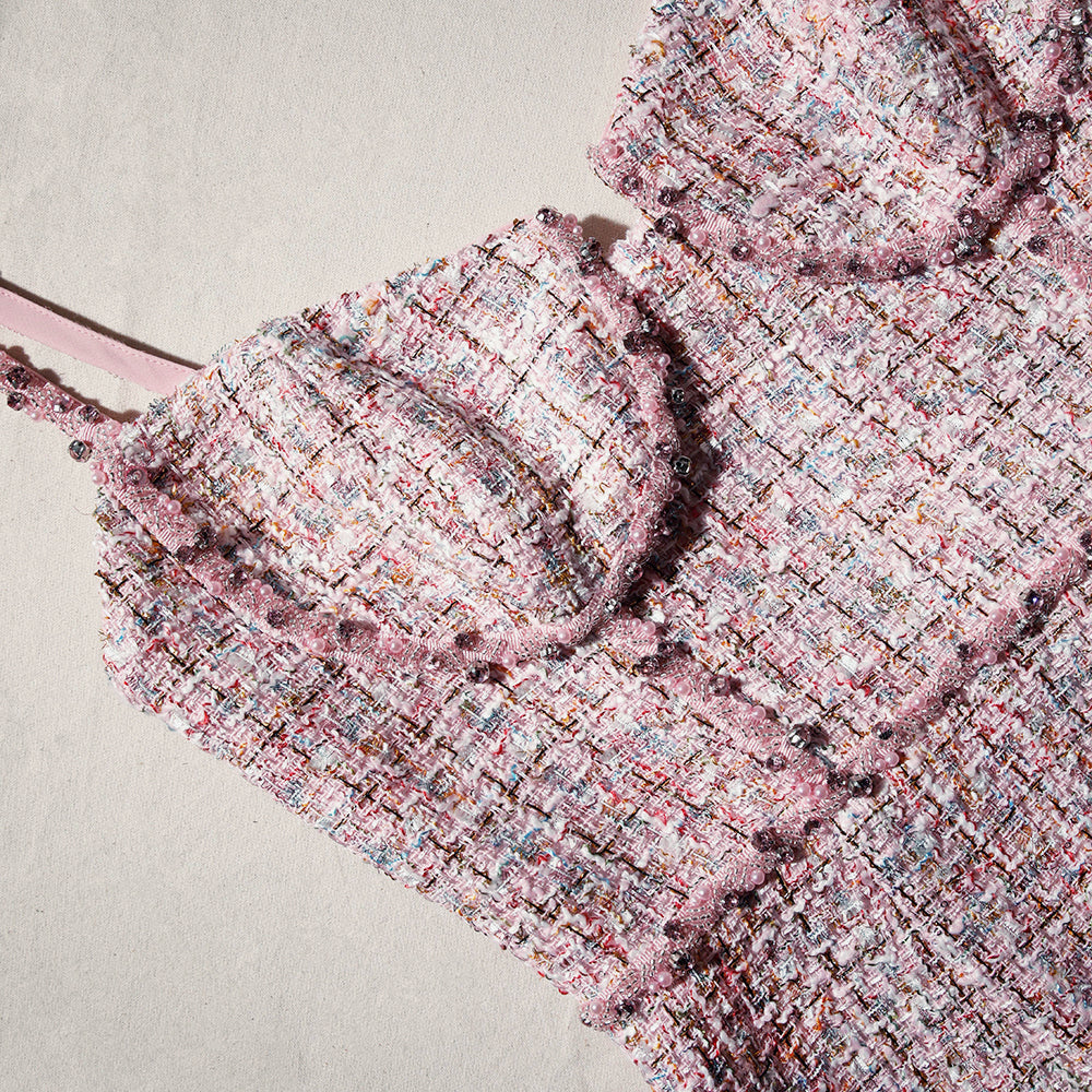 Pink Boucle Rhinestone Detail Mini Dress