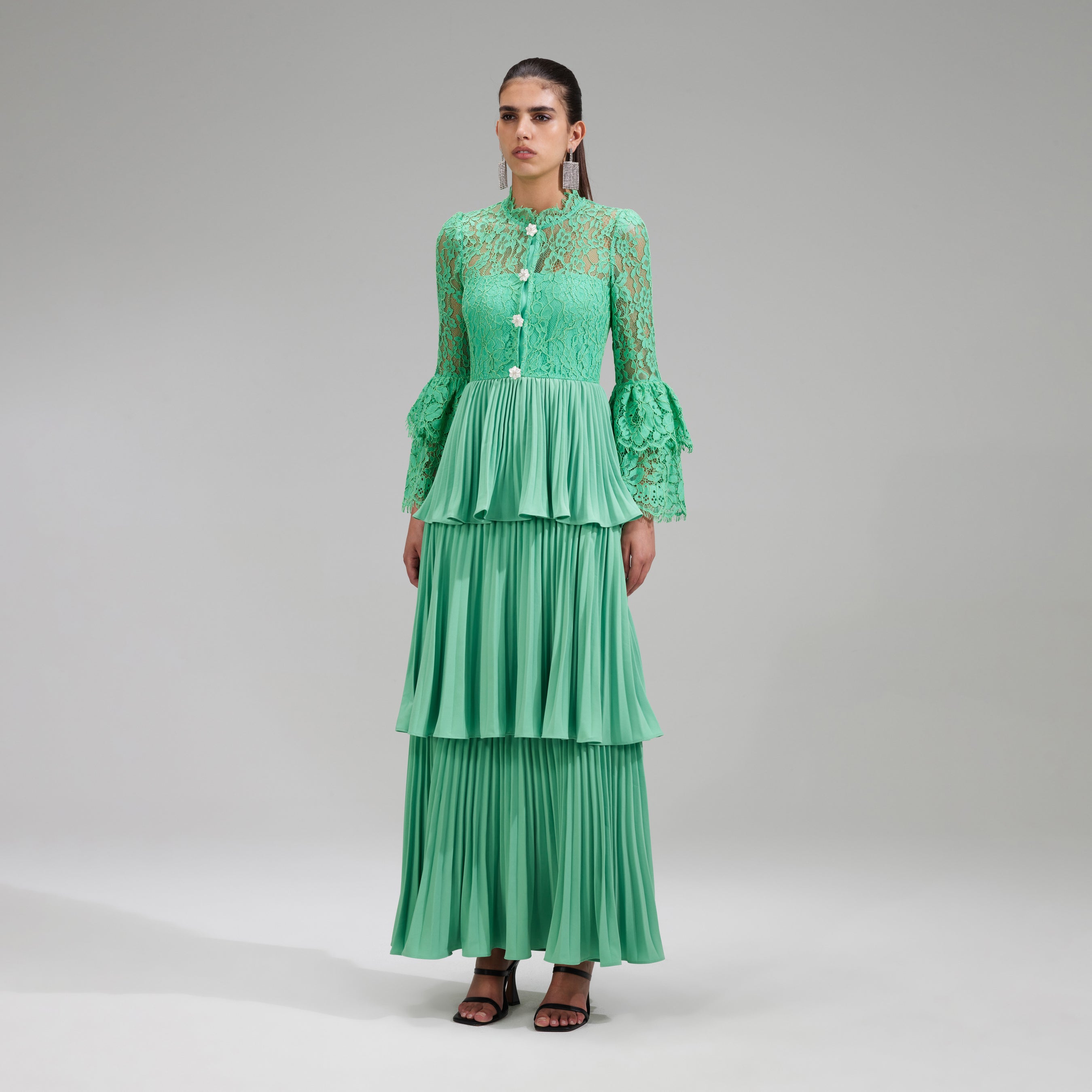 Green Tiered Cord Lace Maxi Dress