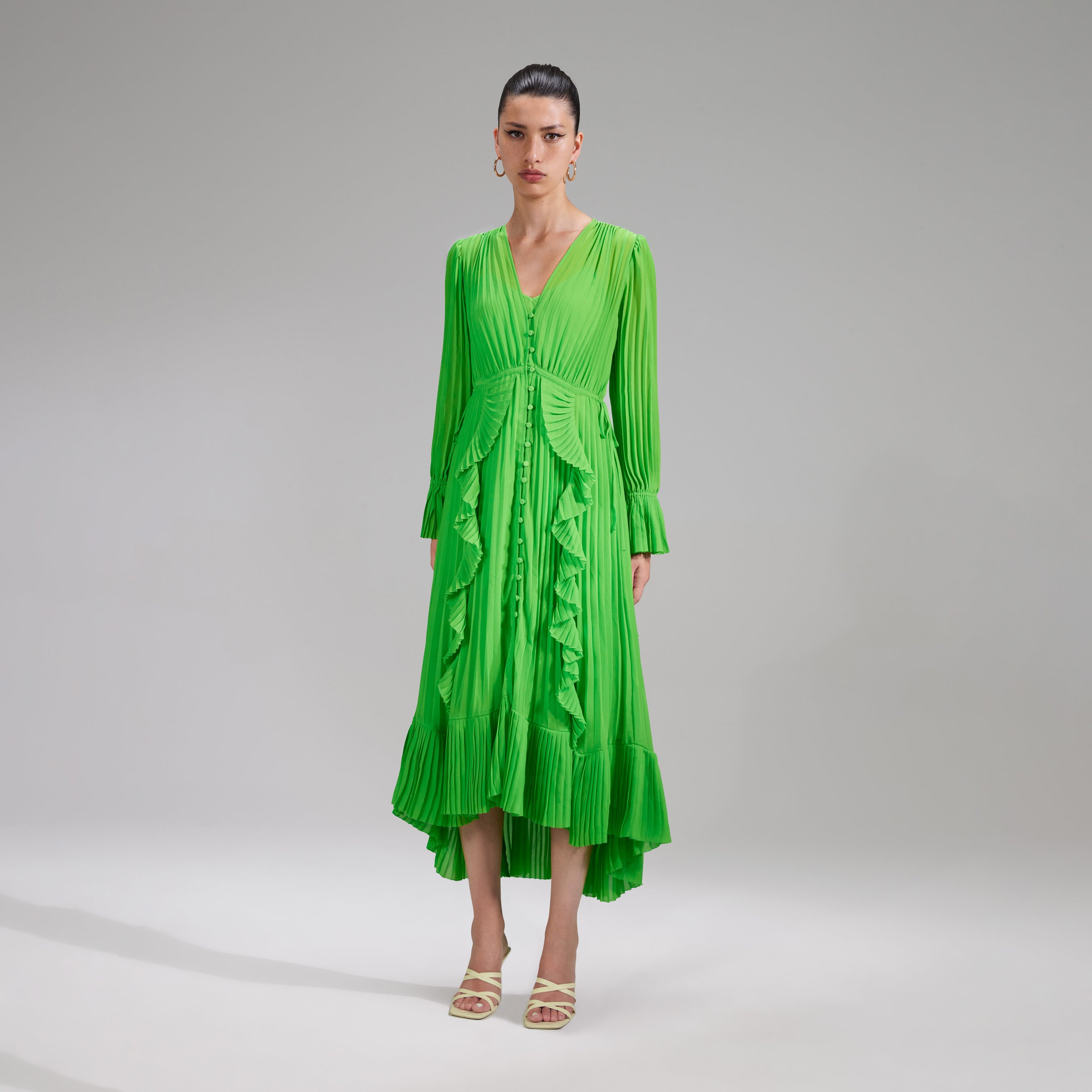 Green Chiffon Ruffle Midi Dress