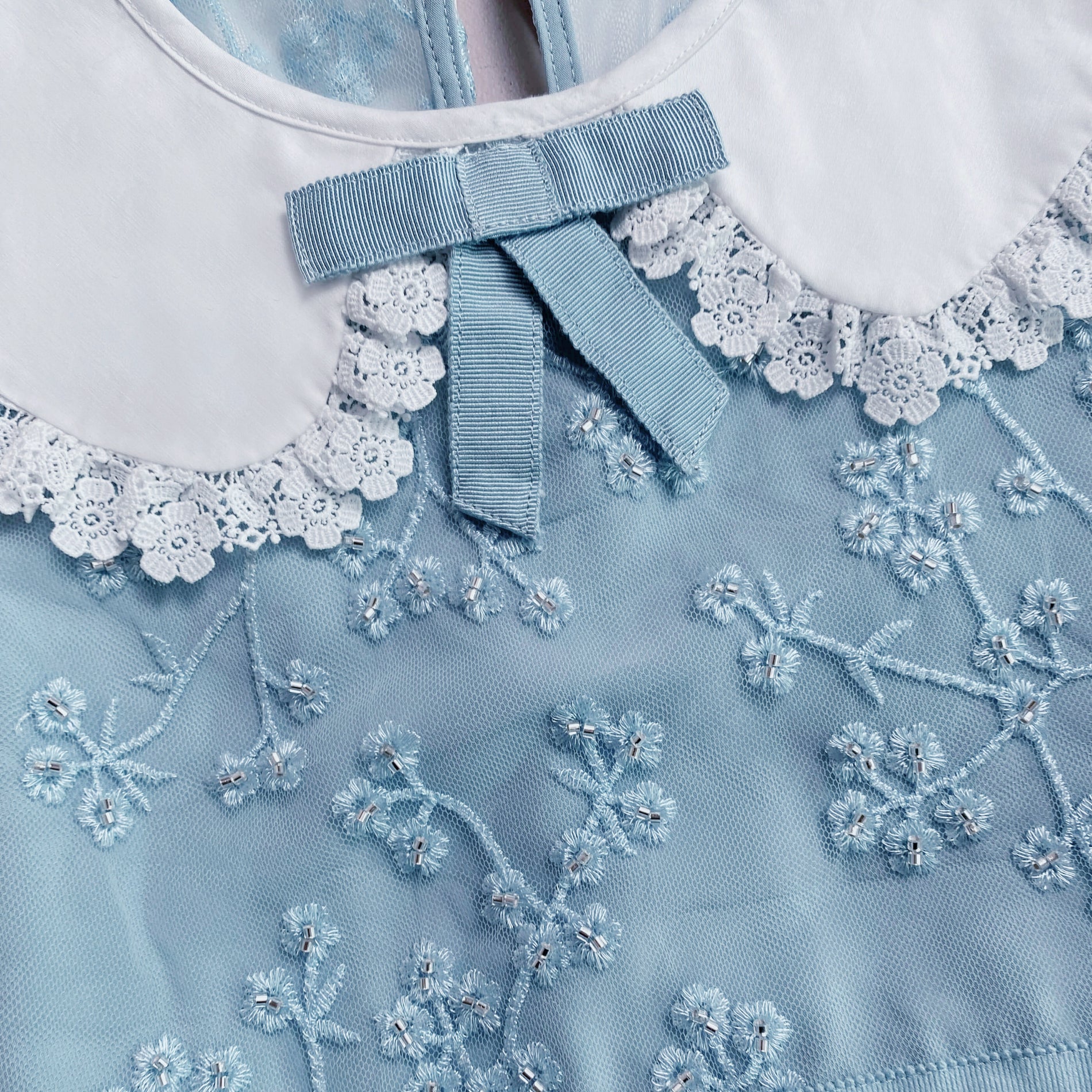 A close up of the fabric for the Blue Beaded Tiered Midi Dress