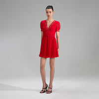 Red Chiffon V Neck Mini Dress