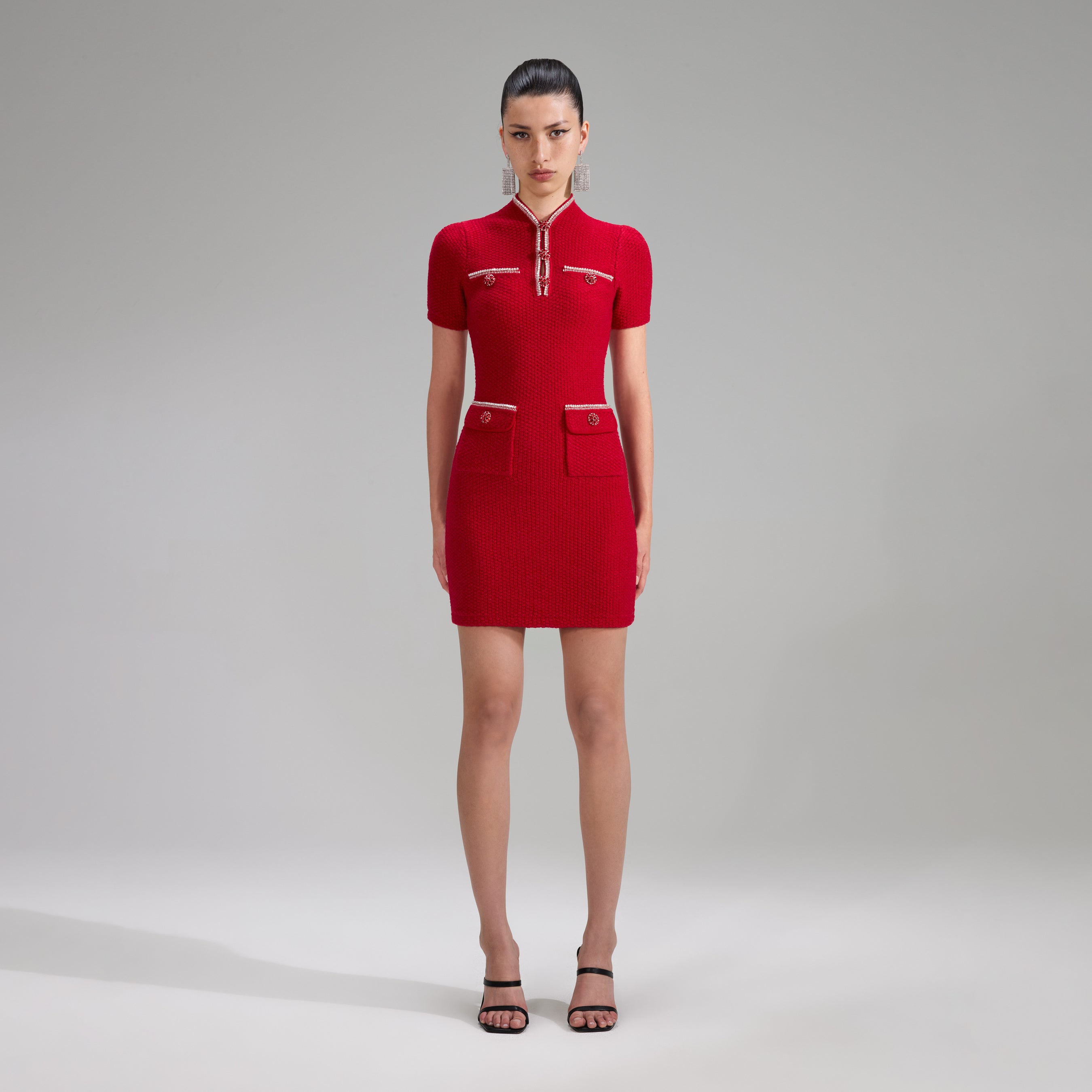 Red Melange Knit Diamante Mini Dress
