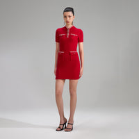 Red Melange Knit Diamante Mini Dress