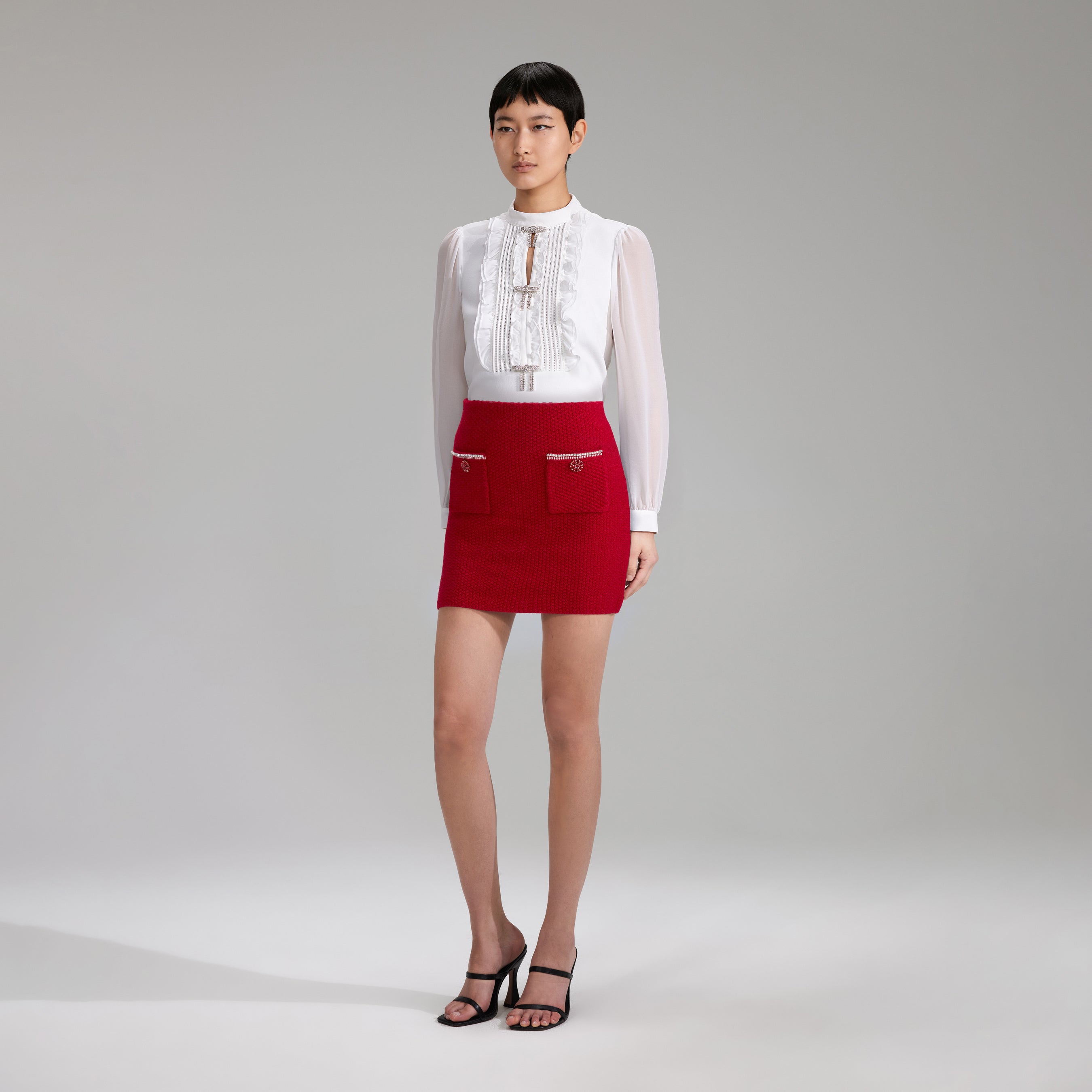 Red Melange Knit Diamante Mini Skirt
