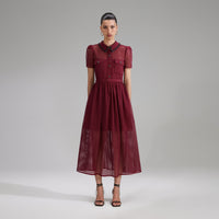 Burgundy Grid Lace Midi Dress