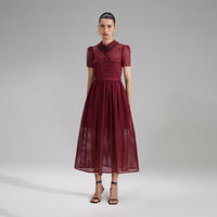 Burgundy Grid Lace Midi Dress