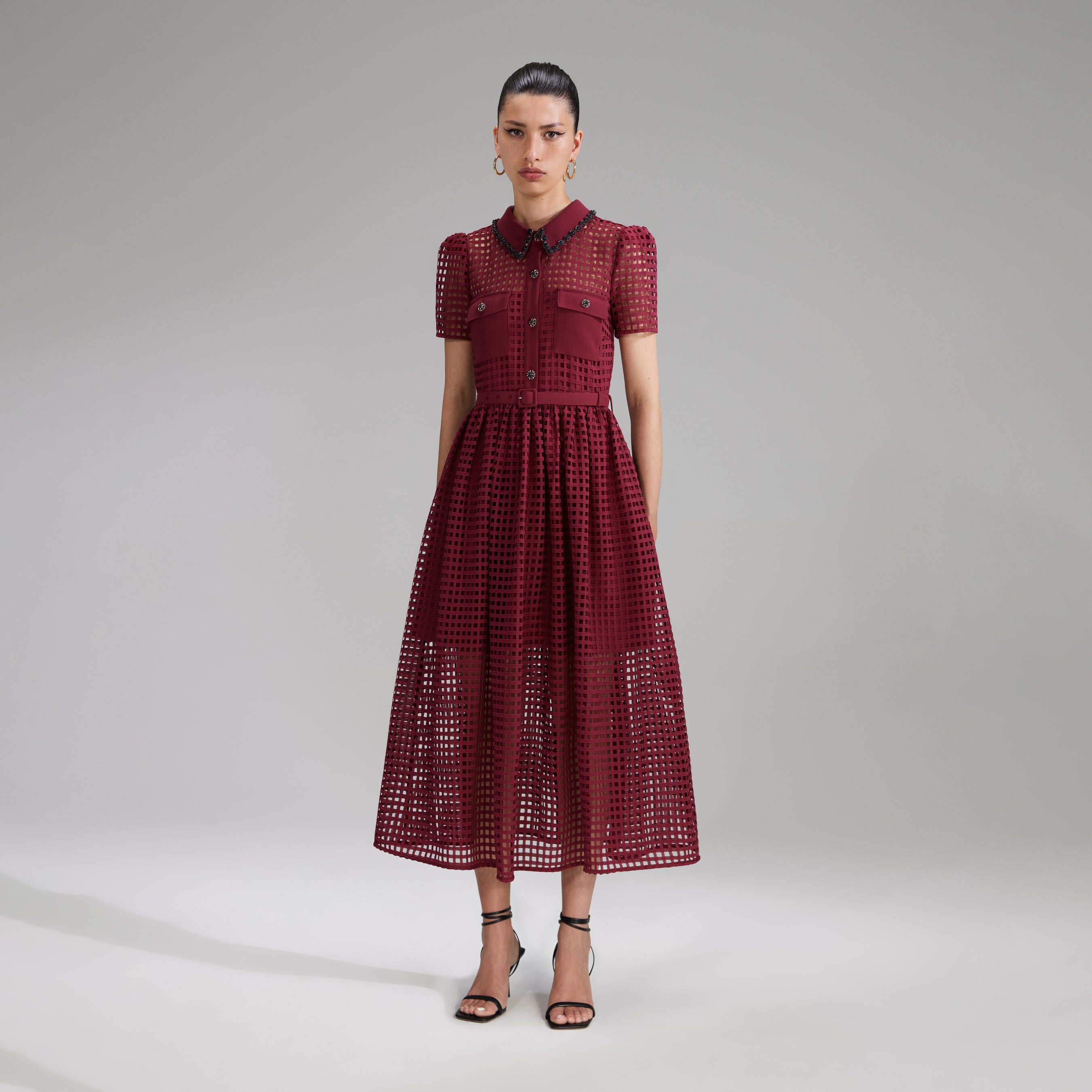 Burgundy Grid Lace Midi Dress