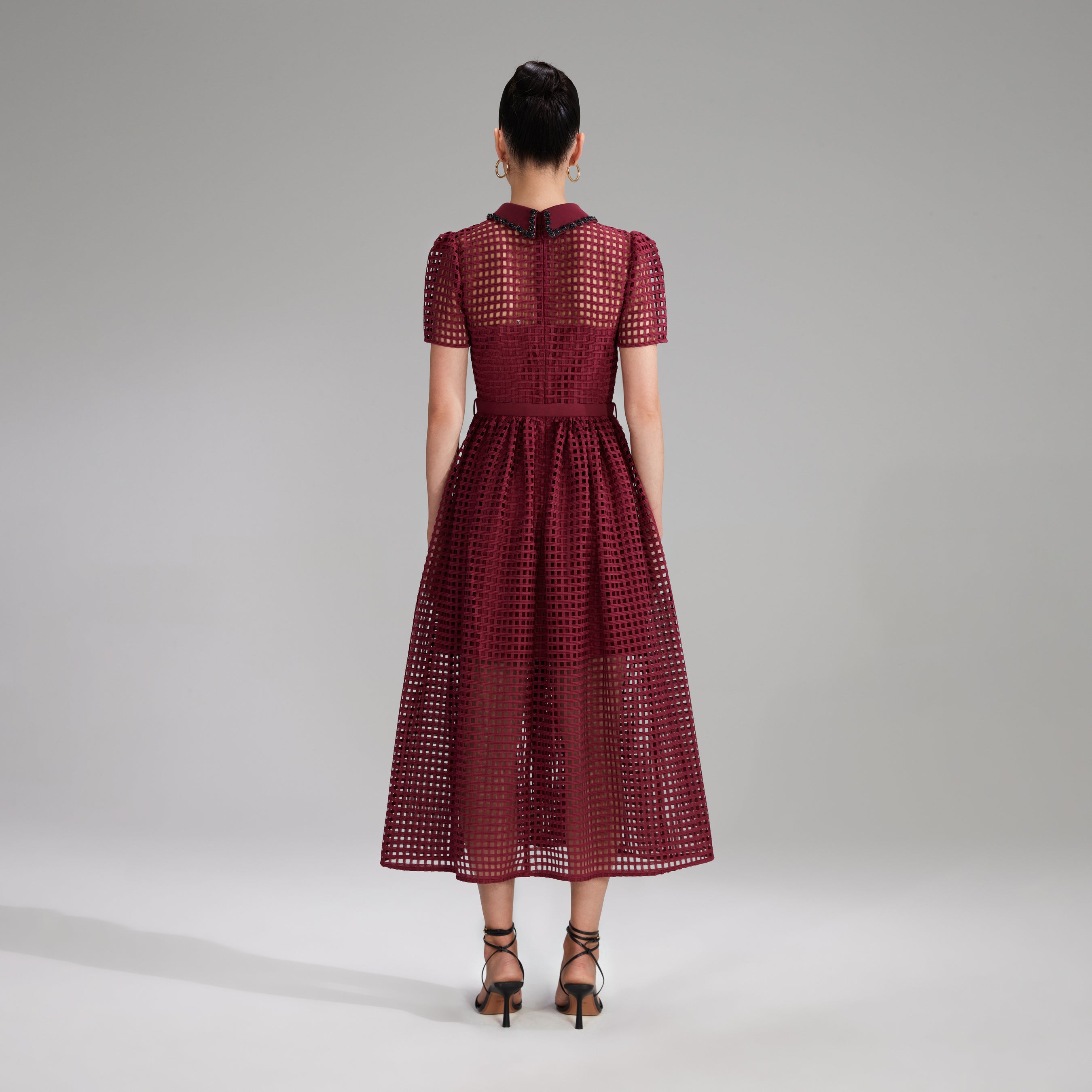 Burgundy Grid Lace Midi Dress