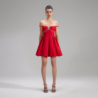Red Textured Diamante Detail Mini Dress