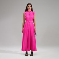 Pink Chiffon Sleeveless Ruffle Midi Dress