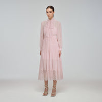 Pale Pink Chiffon Trimmed Midi Dress