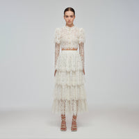 Ivory Corded Lace Tiered Midi Skirt