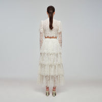 Ivory Corded Lace Tiered Midi Skirt