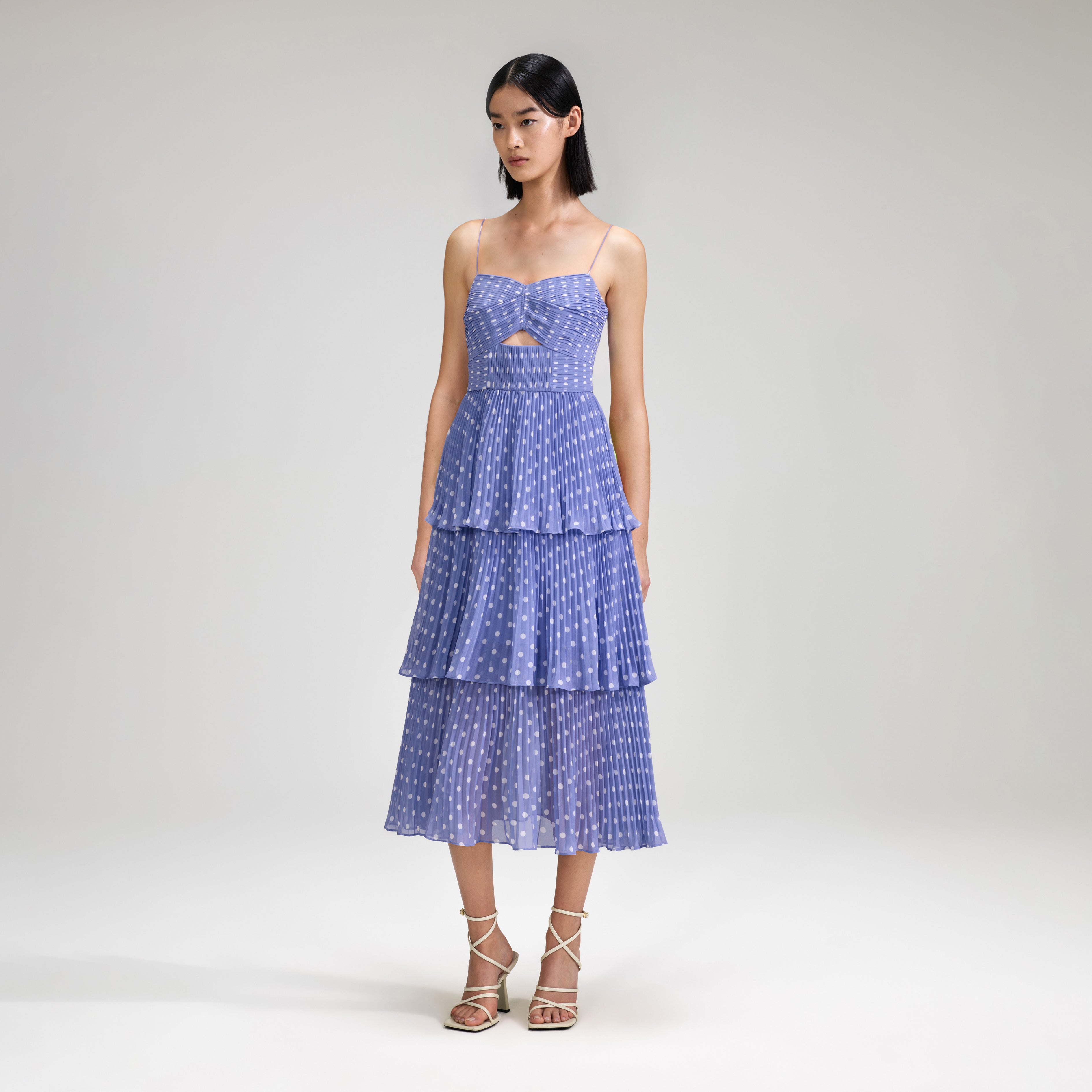 Lilac Polka Dot Tiered Chiffon Midi Dress