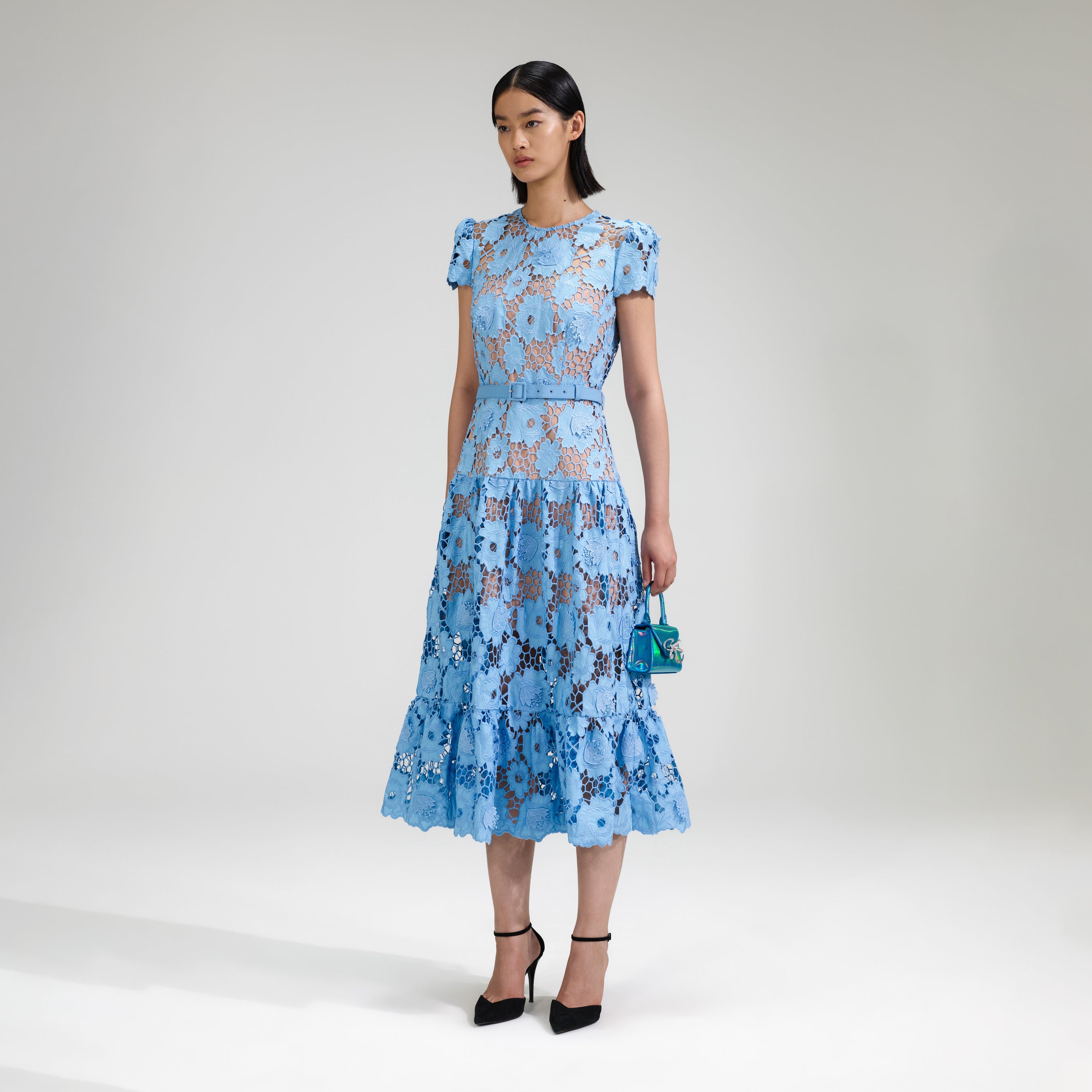 Blue 3D Cotton Lace Midi Dress