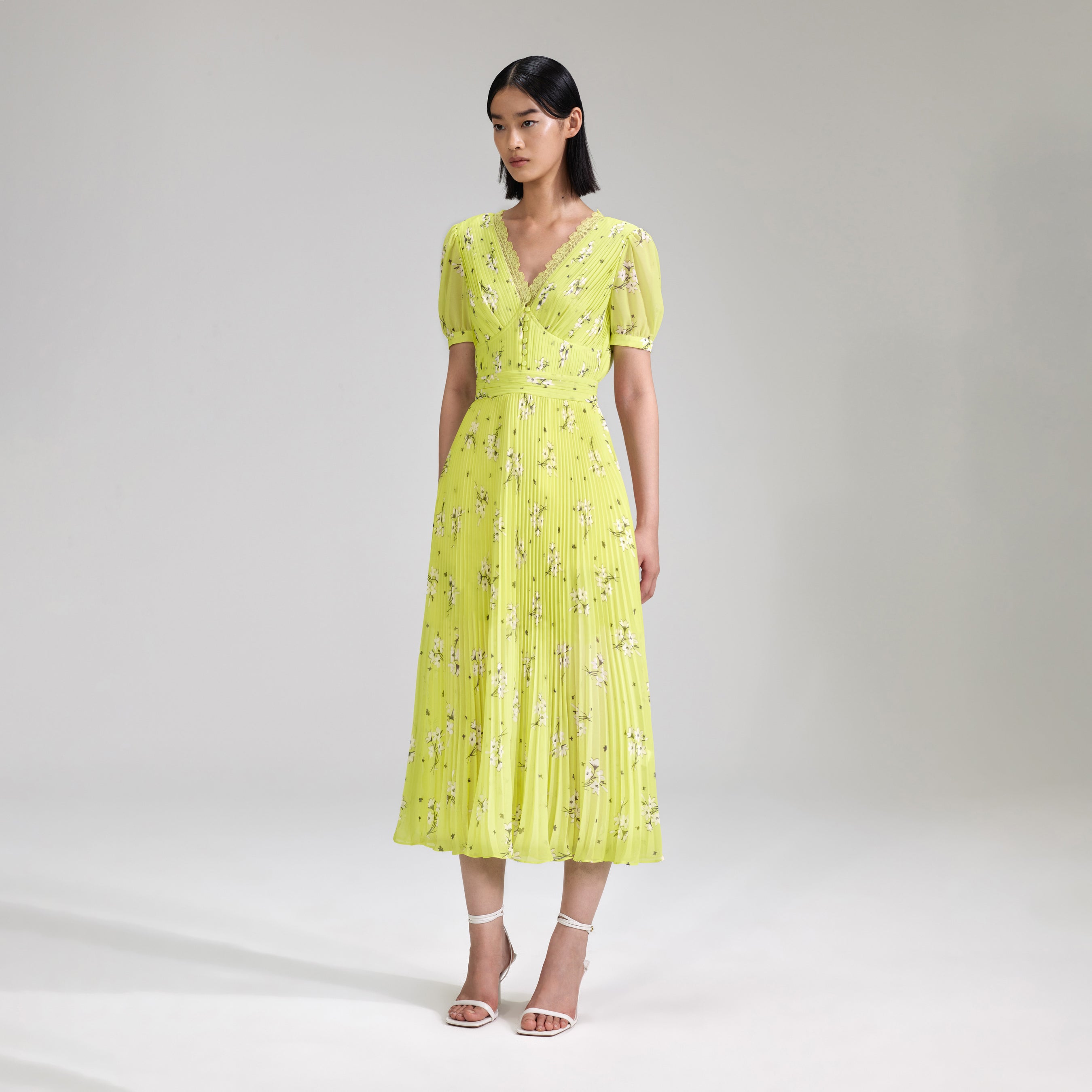 Lime Floral Chiffon Midi Dress