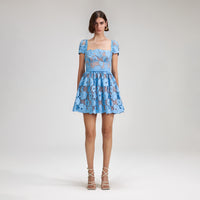 Blue 3D Cotton Lace Mini Dress