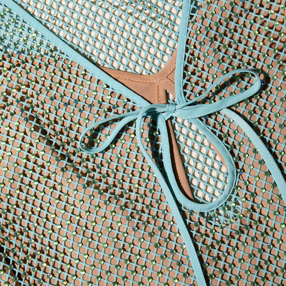 Mint Rhinestone Fishnet Keyhole Midi Dress