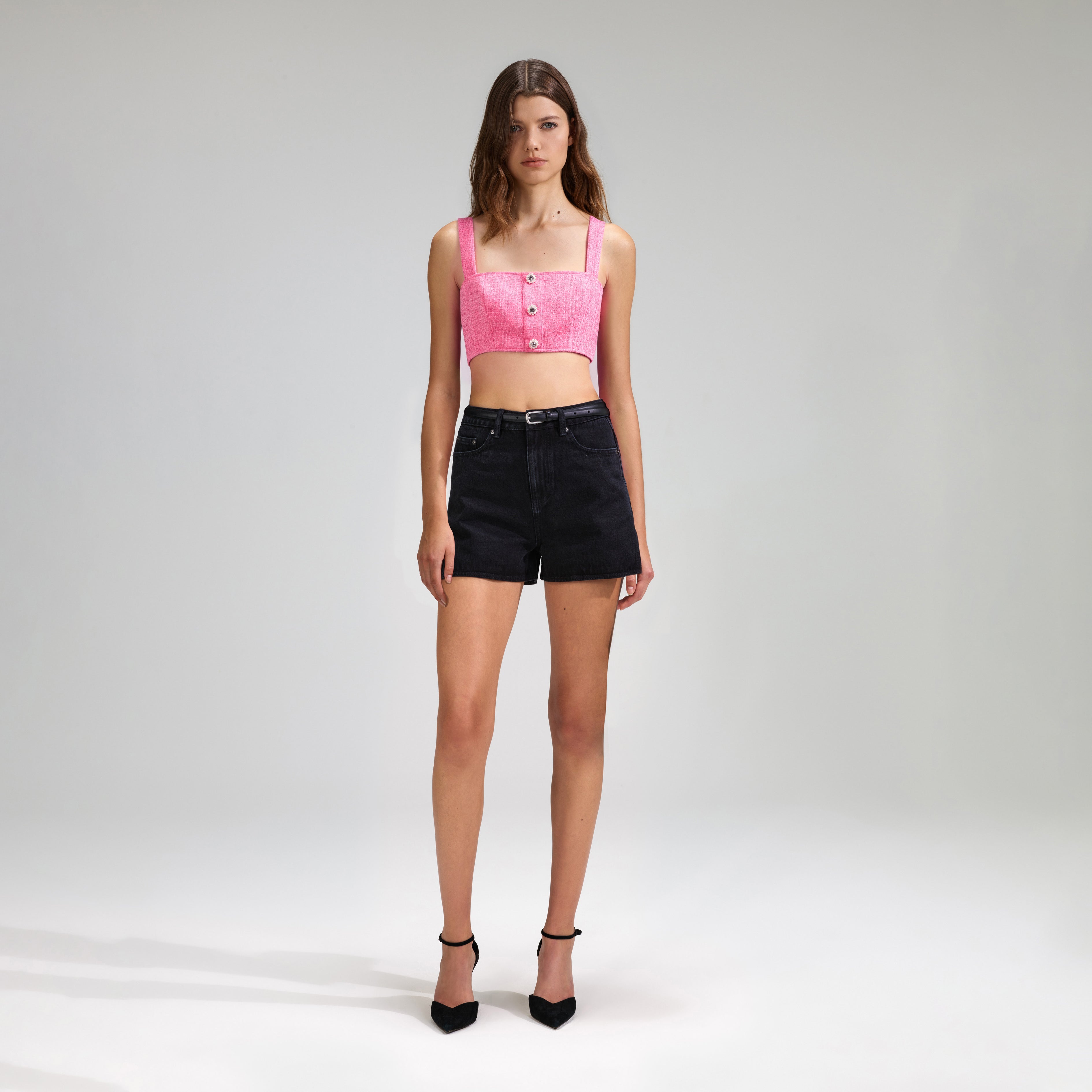Pink Boucle Square Neck Crop Top
