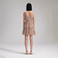 Tan Grid Sequin Tiered Mini Dress