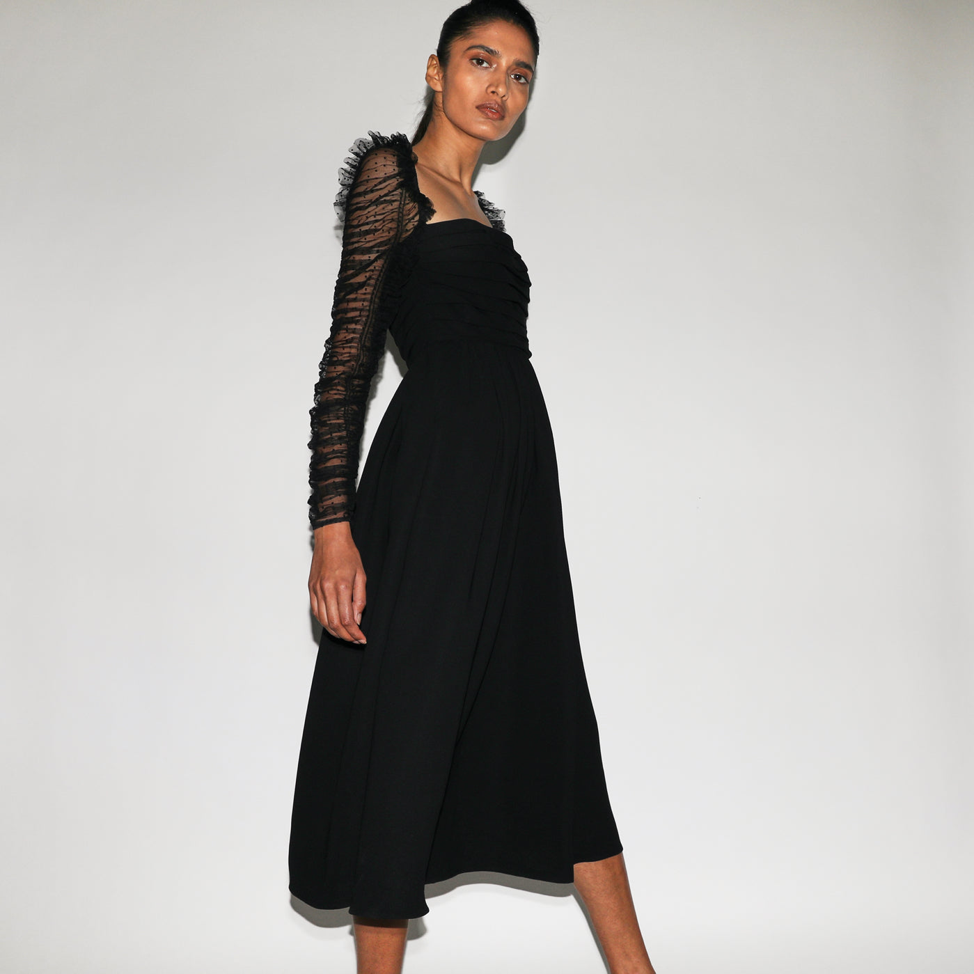 Crepe Dot Mesh Sleeved Midi Dress
