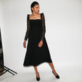Crepe Dot Mesh Sleeved Midi Dress