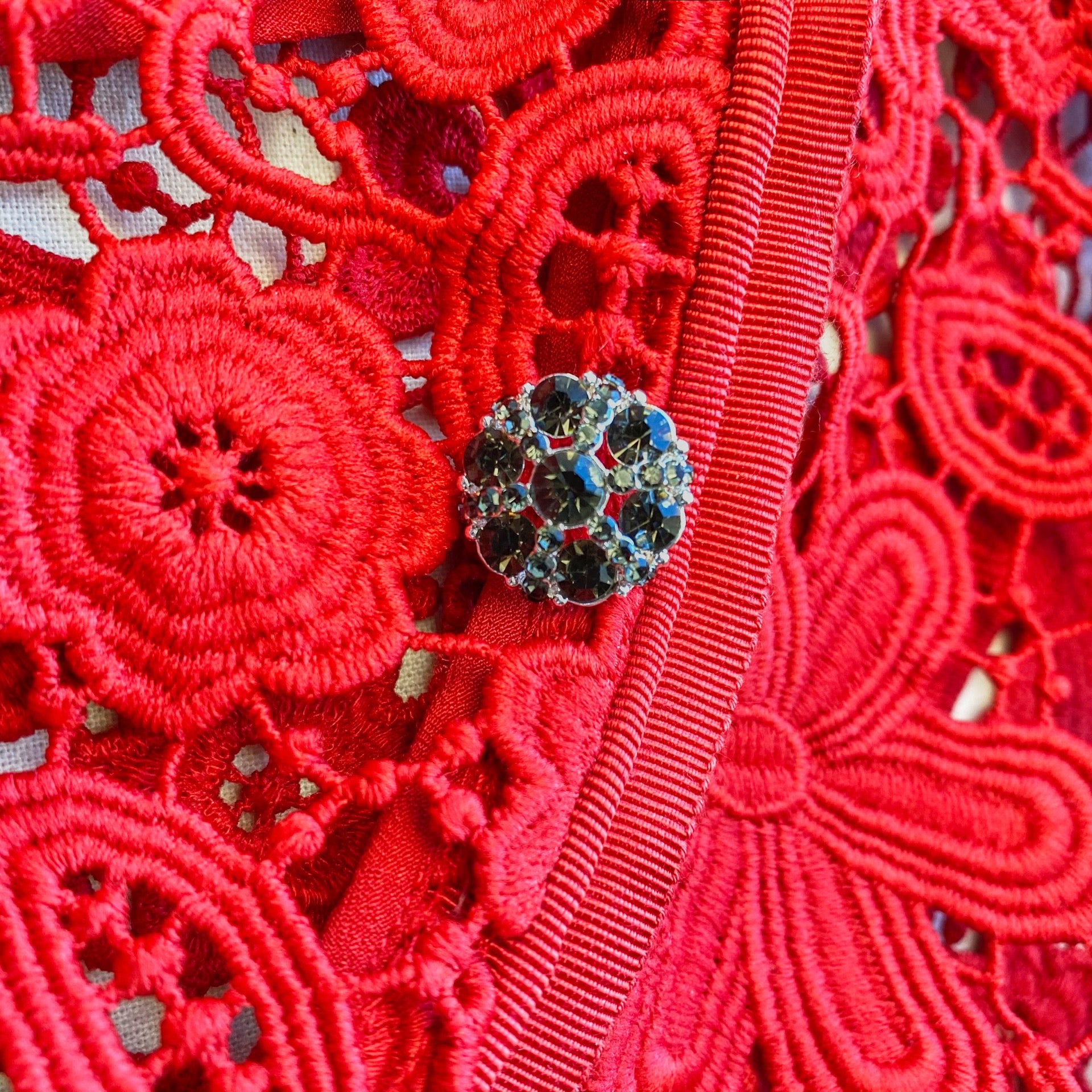 Red Guipure Lace and Taffeta Midi Dress