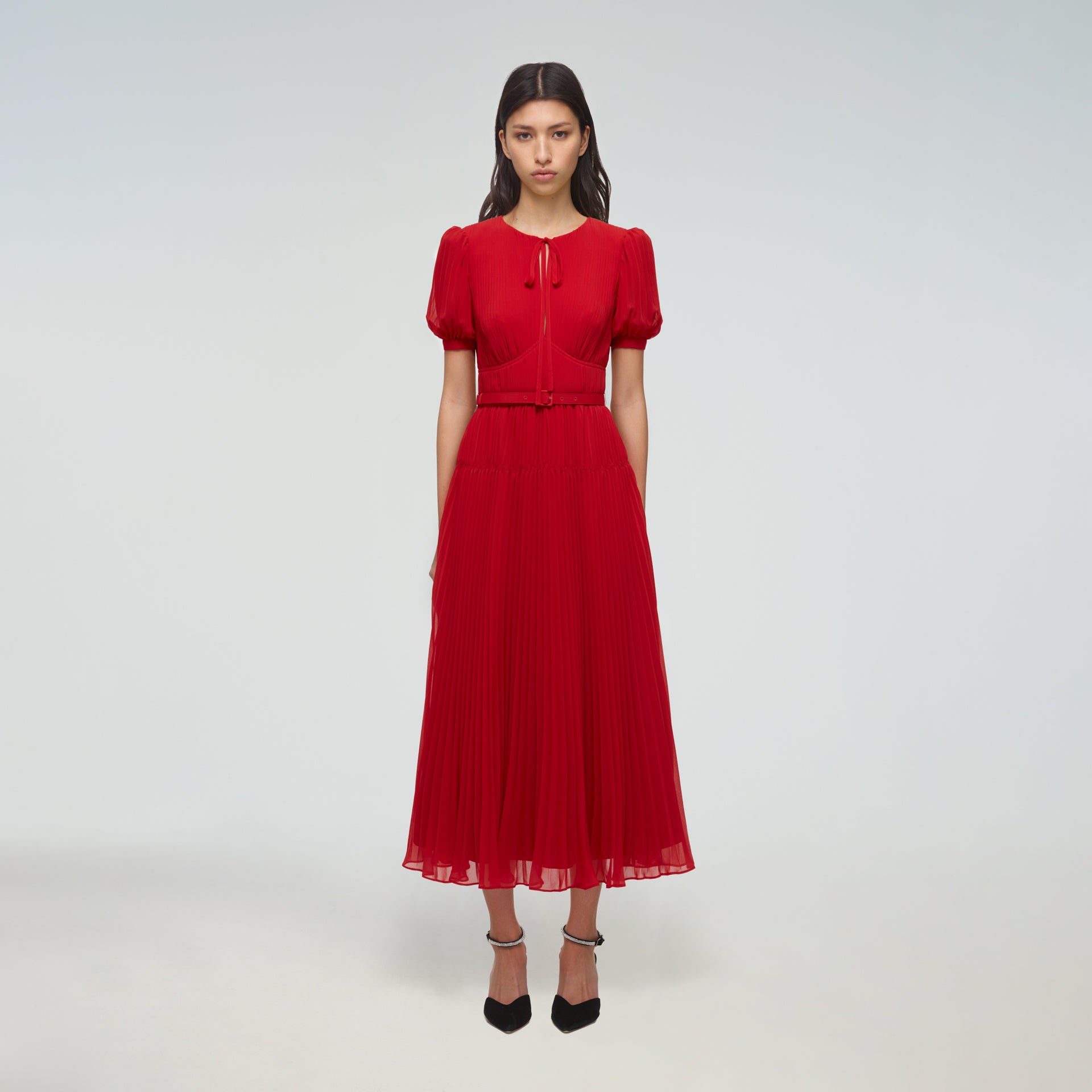 Red Chiffon Midi Dress